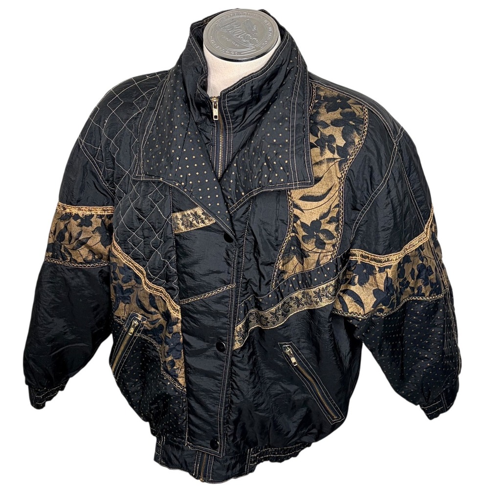 Gallery‎ Woman Bomber Jacket 1X Black Gold Vintage 80s Metallic Floral Quilted